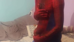 Bisexual Spider-man Cosplay Stripping down and Jerk Off
