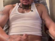 Hot Latino Thug Tatted Up Talking Dirty and Masturbating and Cums Hard On Table While On Phone 1/16
