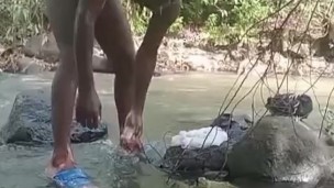 Stroking big black dick while shower outdoors part1