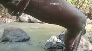 Stroking big black dick outdoors part 2