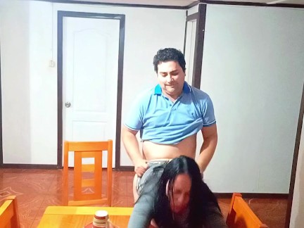 Stepmother caught by surprise while fucking on the dining room table