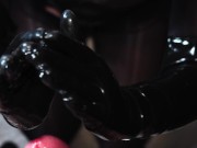 Blonde Girl in Oiled Spandex gabs Cock in Latex Gloves till Cum in her Hands 13/16