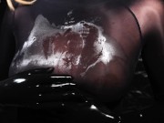 Blonde Girl in Oiled Spandex gabs Cock in Latex Gloves till Cum in her Hands 8/16