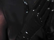 Blonde Girl in Oiled Spandex grabs Cock in Latex Gloves till Cum in her Hands 3/16