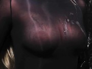 Blonde Girl in Oiled Spandex grabs Cock in Latex Gloves till Cum in her Hands 1/16