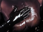 Blonde Girl in Oiled Spandex grabs Cock in Latex Gloves till Cum in her Hands 4/16