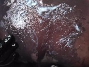 Blonde Girl in Oiled Spandex grabs Cock in Latex Gloves till Cum in her Hands 12/16