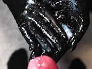 Blonde Girl in Oiled Spandex grabs Cock in Latex Gloves till Cum in her Hands 3/16