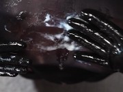 Blonde Girl in Oiled Spandex grabs Cock in Latex Gloves till Cum in her Hands 4/16