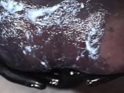 Blonde Girl in Oiled Spandex grabs Cock in Latex Gloves till Cum in her Hands 8/16