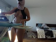 Amateur mom does chores in the naked house. 14/16