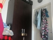 Sexy wife has fun trying on clothes and cutting them. Brunette dances naked around the house. 10/16