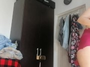 Sexy wife has fun trying on clothes and cutting them. Brunette dances naked around the house. 14/16