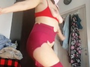 Sexy wife has fun trying on clothes and cutting them. Brunette dances naked around the house. 15/16