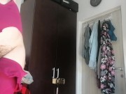 Sexy wife has fun trying on clothes and cutting them. Brunette dances naked around the house. 5/16