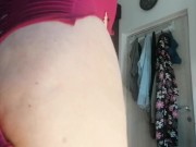 Sexy wife has fun trying on clothes and cutting them. Brunette dances naked around the house. 9/16