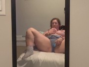Hippie PAWG SUB slut (should be doing laundry) decided to suck her own TITTY in front of mirror! 9/16