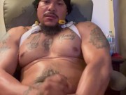 Beefy hunk masturbating and finger his tight ass to female fan over the phone and cums hard for her 3/16