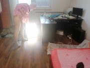 Amateur wife having fun trying on clothes that she cuts off. 13/16