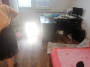 Amateur wife having fun trying on clothes that she cuts off. 15/16