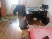 Amateur wife having fun trying on clothes that she cuts off. 2/16