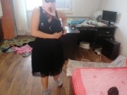 Amateur wife having fun trying on clothes that she cuts off. 1/16