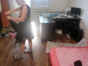 Amateur wife having fun trying on clothes that she cuts off. 5/16