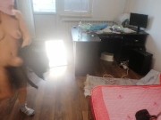 Amateur wife having fun trying on clothes that she cuts off. 9/16