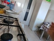 Sexy Latina nude in the kitchen. Sexy naked wife prepares food in the kitchen. 1/16