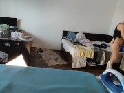 Amateur wife does housework naked. Latina with hairy pussy, big ass. 10/16