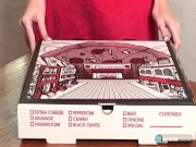 Layla is super skinny and super horny. She delivers a pizza and then gets nude on the kitchen table 15/16