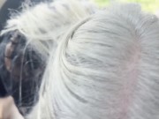 Blonde with huge tits gives blowjob and titfuck in back of car 3/16