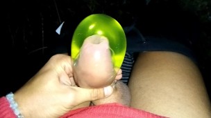 Uncut cock filling condom with piss like balloon