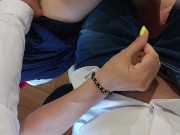 Masturbating at school under the table with the help of classmate! Filled her hand with Cum!