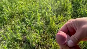 jerking off in the field, lots of cum