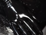 Dirty Girl in Shiny Spandex and Latex Skirt gives Handjob till Cum 16/16