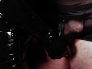 Dirty Girl in Shiny Spandex and Latex Skirt gives Handjob till Cum 16/16