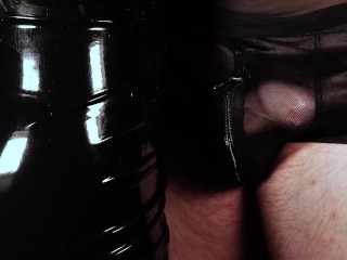 Dirty Girl in Shiny Spandex and Latex Skirt gives Handjob till Cum