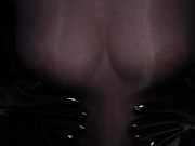 Dirty Girl in Shiny Spandex and Latex Skirt gives Handjob till Cum 11/16