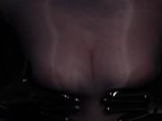 Dirty Girl in Shiny Spandex and Latex Skirt gives Handjob till Cum