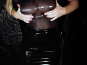 Dirty Girl in Shiny Spandex and Latex Skirt gives Handjob till Cum 8/16