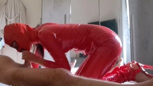 Milf in latex catsuit gives blowjob and swallows cum