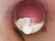 The camera in the deep pussy records a huge ejaculation of sperm into the condom 1/16