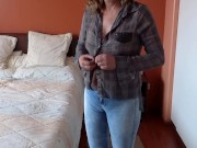 Totally naked stepmother shows off and wears jeans without panties. 10/16