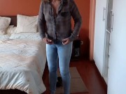 Totally naked stepmother shows off and wears jeans without panties. 11/16