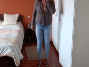 Totally naked stepmother shows off and wears jeans without panties. 15/16