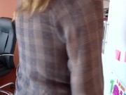 Totally naked stepmother shows off and wears jeans without panties.