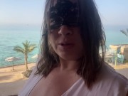 Hairy pussy on the outdoor balcony masturbates and orgasms with squirting. 1/16