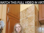 Solo passionate blonde Pussy Juicy rubs her wet pussy in VR. 12/16