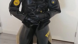 Breath play in heavy rubber Viking drysuit dry diving suit, latex gasmask, neoprene hood